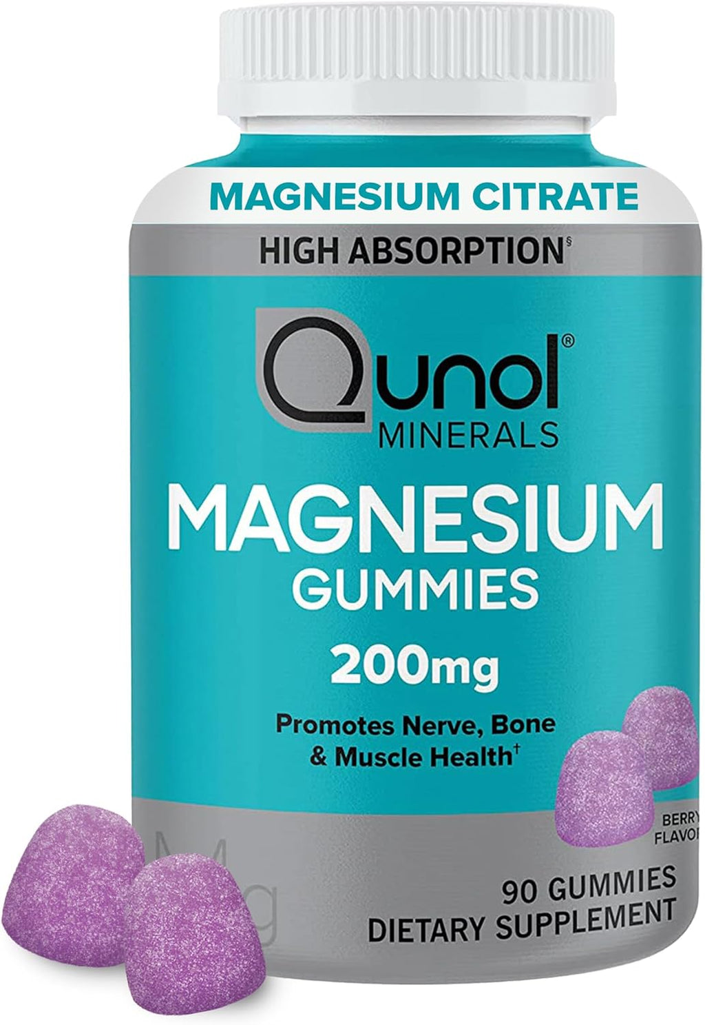 Qunol Magnesium Gummies for Adults, 200mg Elemental Magnesium (from 1,750mg Magnesium Citrate), High Absorption Magnesium Supplement, Supports Nerve, Bone and Muscle Health, Vegetarian, 90 Count
