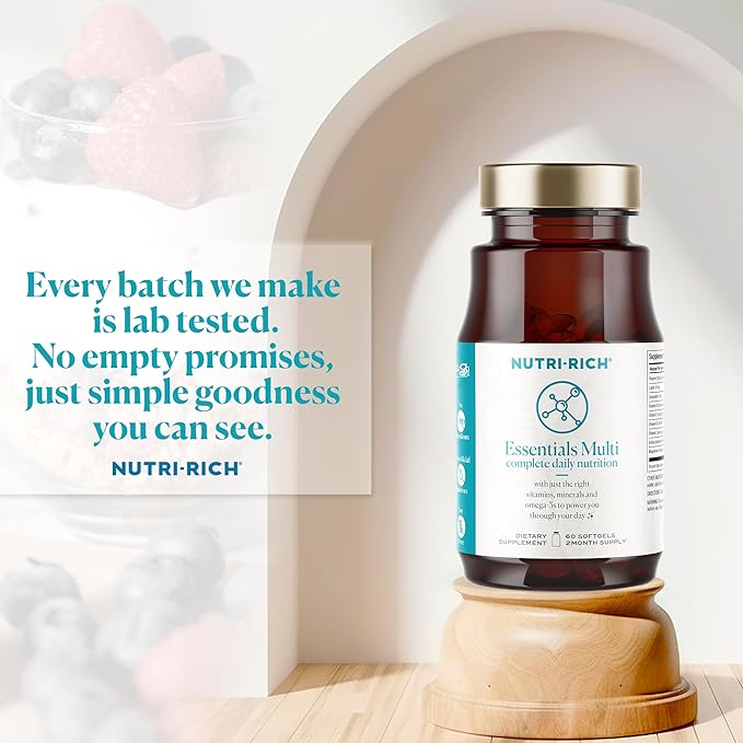 Nutri-Rich Essentials Multi | Multivitamin Supplement with Fish Oil Omega-3 for Men and Women, Supports Energy, Immune Health, Vitamin A, C, D3, E, K2, and Zinc, Non-GMO, Gluten Free (60 Count)