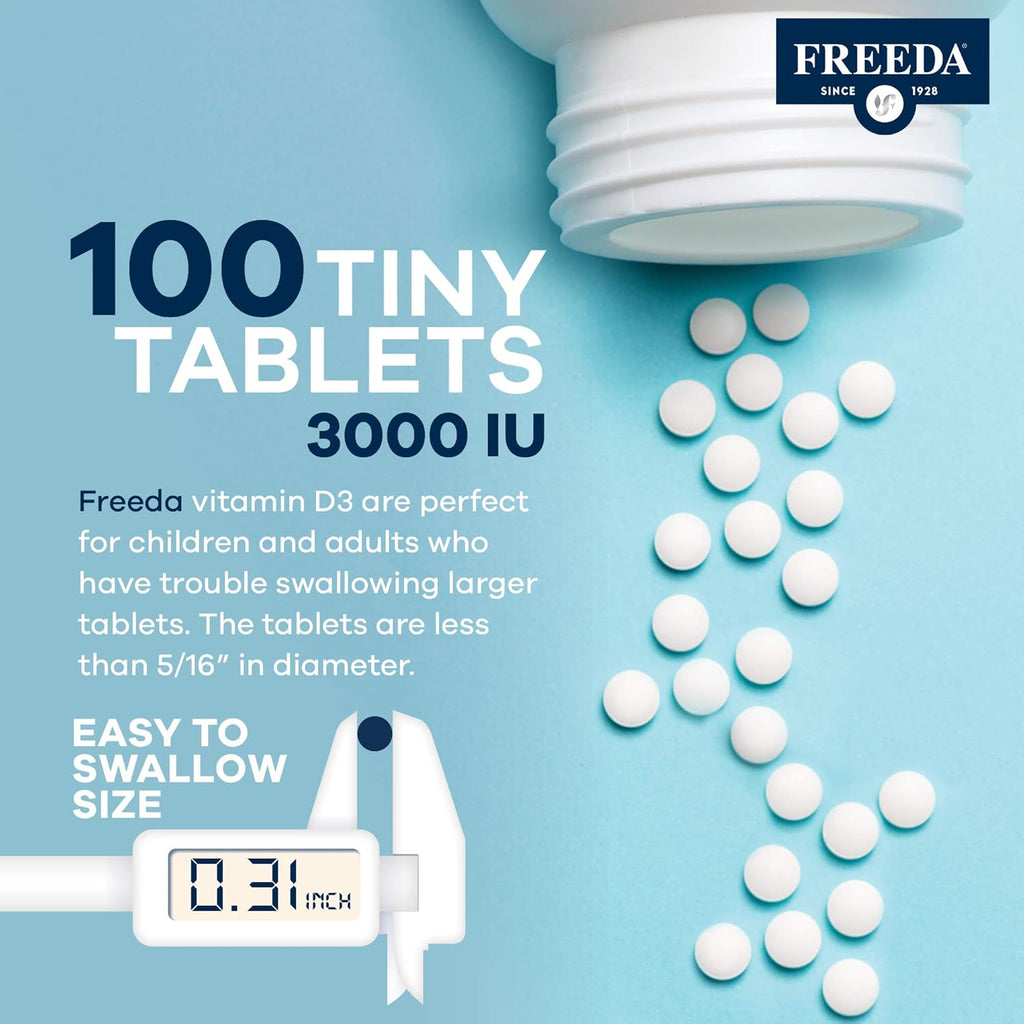 FREEDA Vitamin D3-3000 IU - Pure High Potency Kosher Supplement Tablets - Bone and Muscle Health, Calcium Absorption, Immune Support for Men and Women* - 100 Tiny Tablets