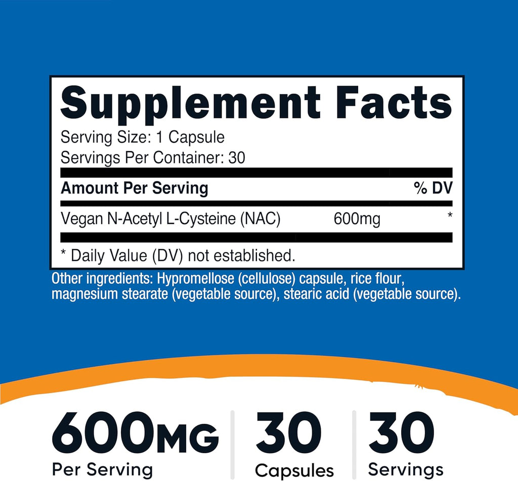 Nutricost N-Acetyl L-Cysteine (NAC) 600mg, 30 Vegan Capsules - GMO Free, Gluten Free, Vegetarian Caps