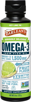 Barlean's Key Lime Pie High Potency Omega 3 Fish Oil Liquid Supplement, 1500mg of EPA& DHA Fatty Acid, Smoothie Flavored & Burpless for Brain, Joint, & Heart Health, 8 oz