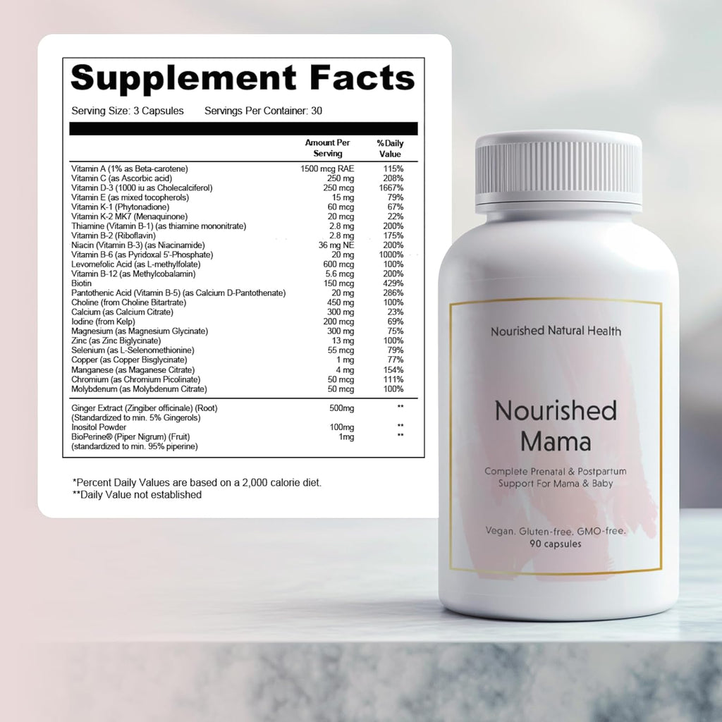Nourished Mama Prenatal Multi Vitamin - Vegan Multivitamin for Preconception, Pregnancy, Postpartum and Breastfeeding Support - Iron-Free with Methylated Folate & High Dose Choline - 90 Capsules