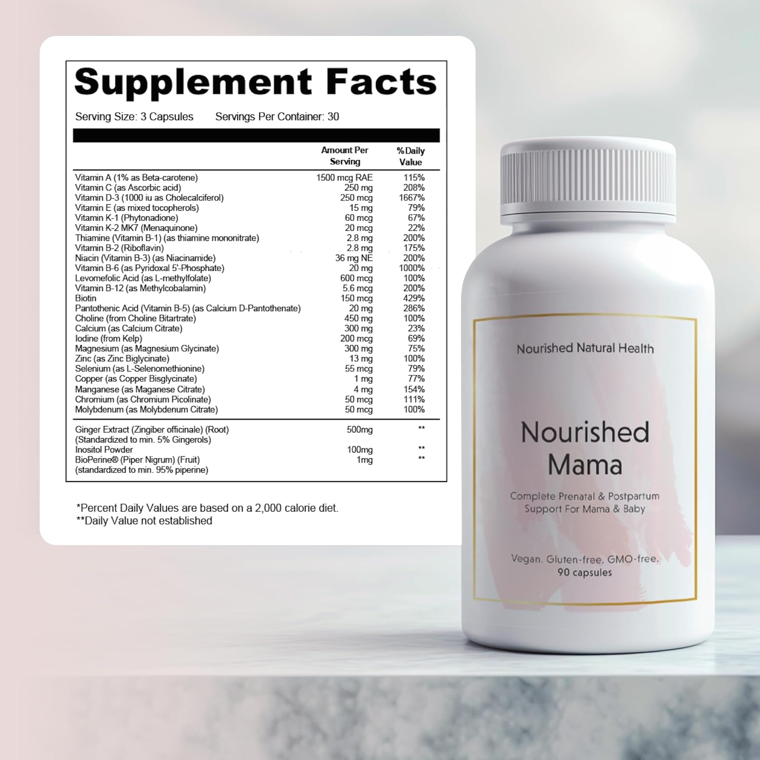 Nourished Mama Prenatal Multi Vitamin - Vegan Multivitamin for Preconception, Pregnancy, Postpartum and Breastfeeding Support - Iron-Free with Methylated Folate & High Dose Choline - 90 Capsules