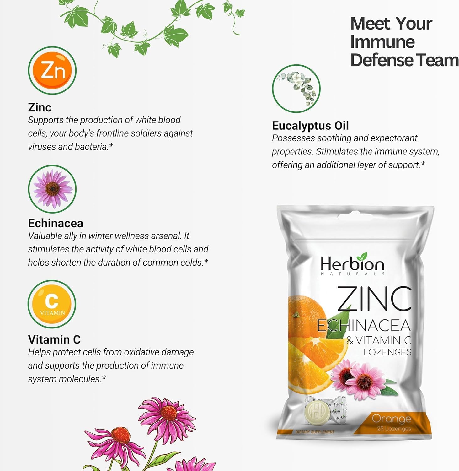 HERBION Naturals Zinc, Echinacea & Vitamin C Lozenges 25 CT, Dietary Supplement for Adults & Children 5+, Promotes Wellness for The Whole Family, 25 Count, Orange, Pack of 1
