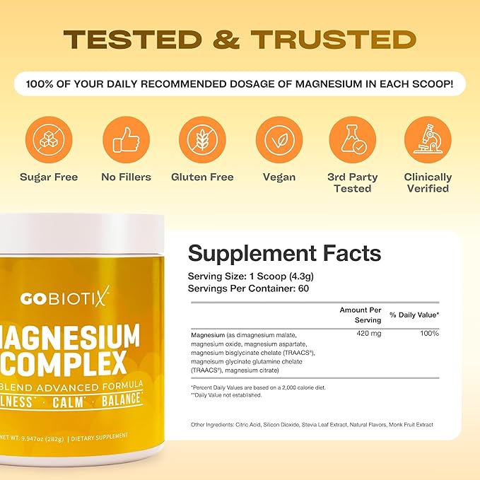 GoBiotix Magnesium Glycinate Powder – Cortisol Supplements for Women and Men – High Absorption Magnesium Complex Calm Supplement with Citrate, Malate – Sugar Free – 420 mg, 60 Servings - Honey Citrus