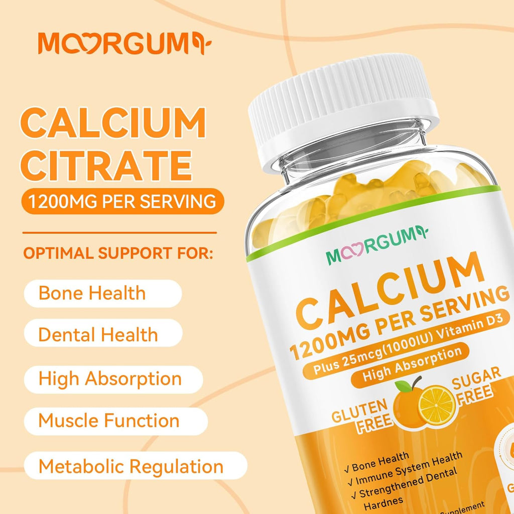Calcium Citrate Gummies for Kids, Adult - 1200 mg with Vitamin D3 1000IU - Bone, Teeth, Immune System Health, High Absorption Calcium and Vitamin D Supplement, Orange, 60 Count