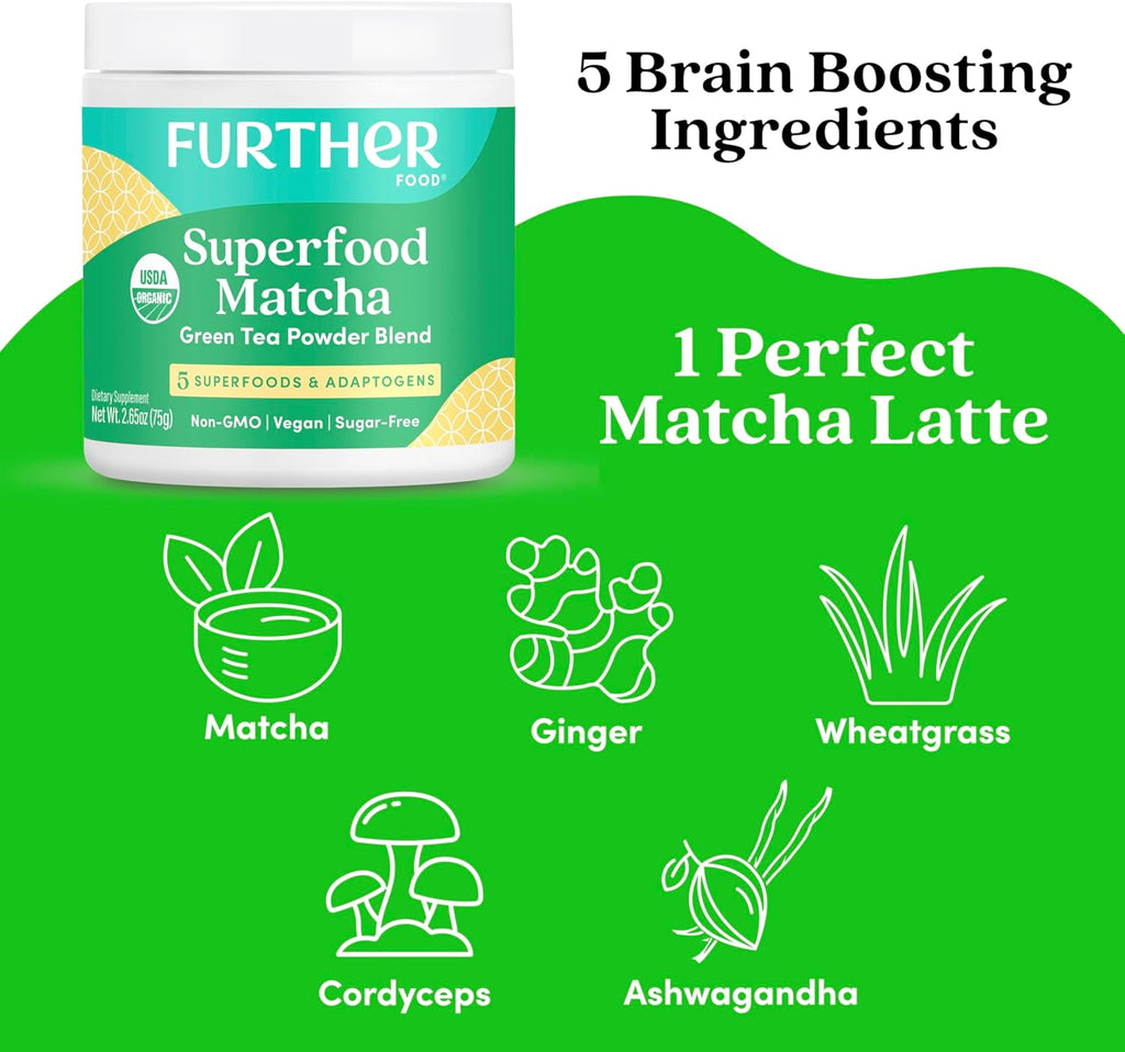 Further Food Premium Matcha Green Tea Powder USDA Organic Japanese Matcha Powder, Natural Energy + Focus + Boost Immune System, Antioxidant Plant-Based Detox Superfood (30 Servings)