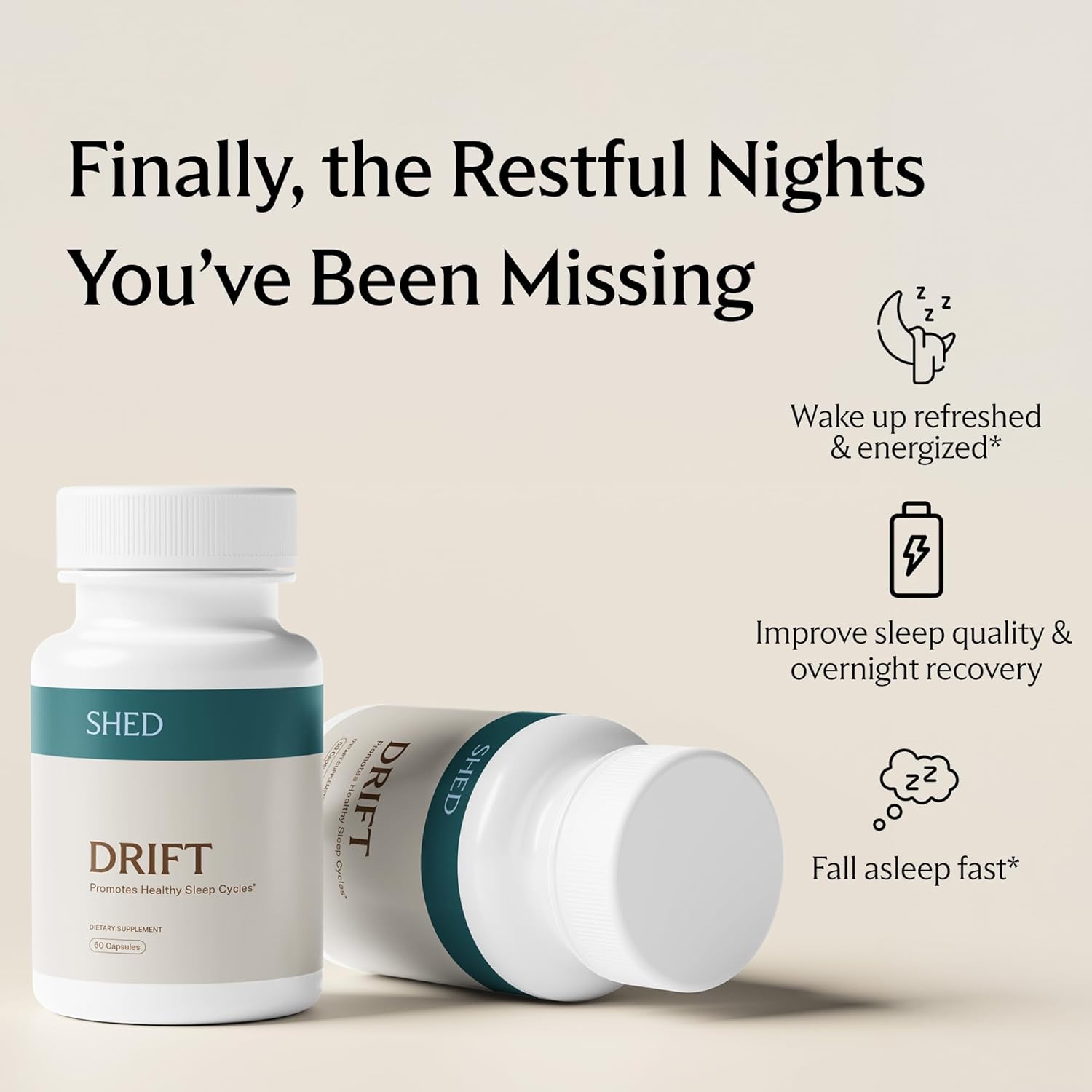 SHED Drift Natural Sleep Aid with Plant-Based Melatonin, KSM-66 Ashwagandha, GABA, Magnesium & Herbs – Supports Relaxation, Sleep Quality & Circadian Rhythm – 60 Capsules