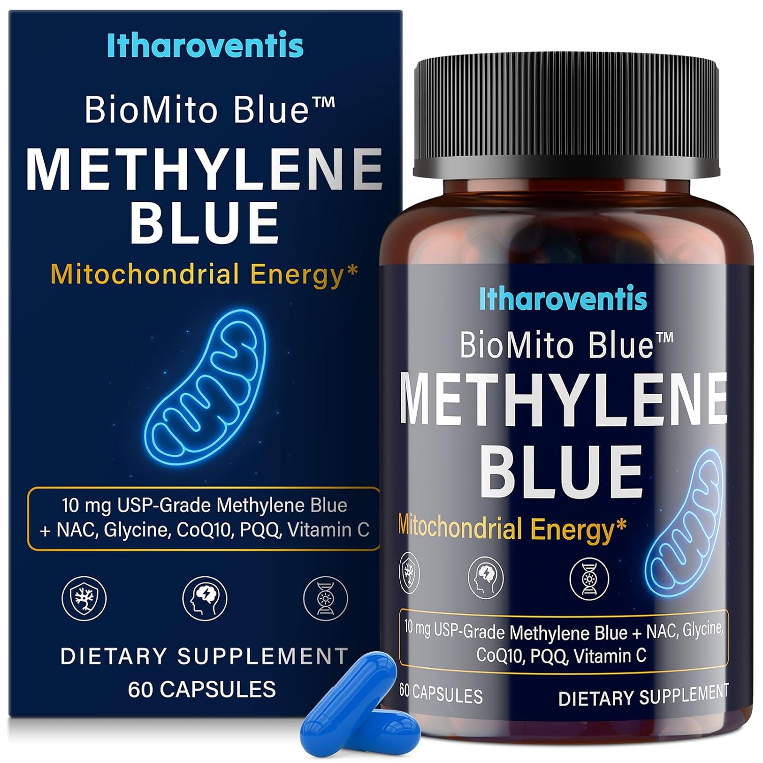 Methylene Blue Pharmaceutical Grade Capsules – USP Grade Brain Supplement with CoQ10, NAC, PQQ, Glycine & Vitamin C for Memory, Focus, Energy & Mitochondrial, No Formaldehyde - 60 Count