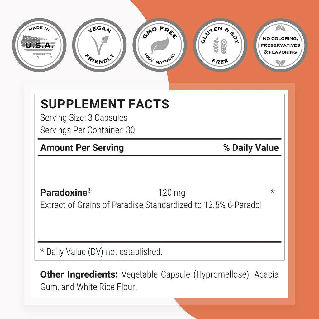 Supersmart - Paradoxine 120mg per Day - Grains of Paradise Supplement (Aframomum melegueta) with 6-Paradol | Non-GMO & Gluten Free - 90 Vegetarian Capsules