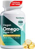Vegan Omega 3 Softgels | 1000mg Algae Oil as Fish Oil Alternative | 300mg DHA + 150mg EPA | Omega 3 Supplements with Vitamin D3 & K2 for Brain, Eye, Skin& Immunity | 60 Count