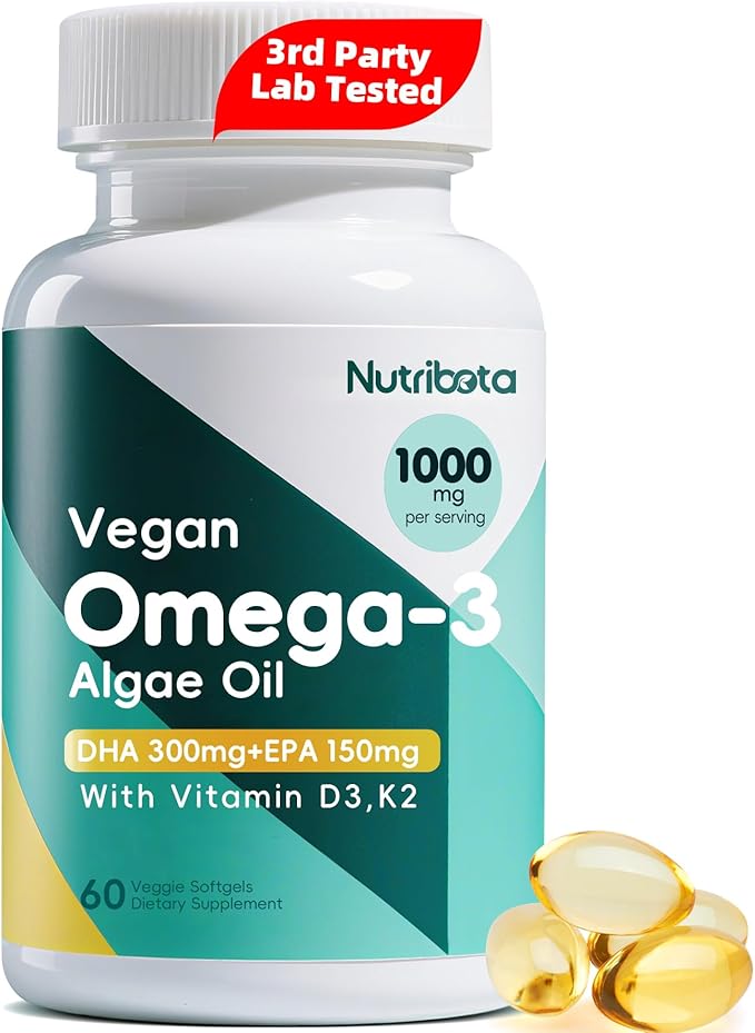 Vegan Omega 3 Softgels | 1000mg Algae Oil as Fish Oil Alternative | 300mg DHA + 150mg EPA | Omega 3 Supplements with Vitamin D3 & K2 for Brain, Eye, Skin& Immunity | 60 Count