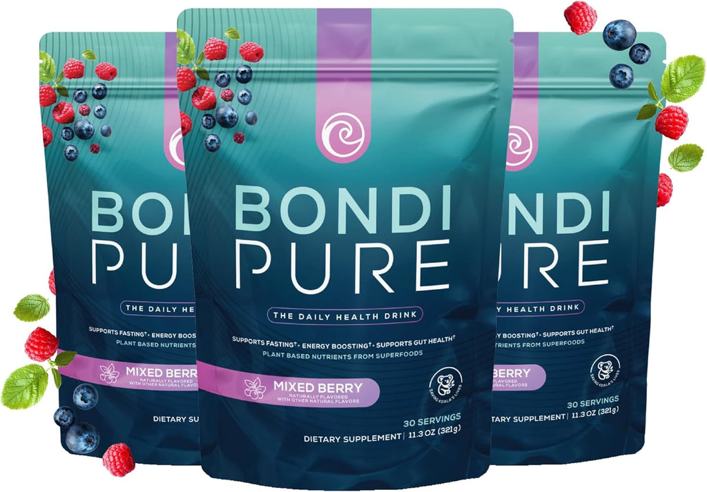 Bondi Pure - Daily Health & Detox Drink - Promote Gut Health & Energy Support During a Cleanse or Intermittent Fasting - Plant-Based Fibers, Alkalizing Super Greens - Berry (30 Servings) 3-Pack