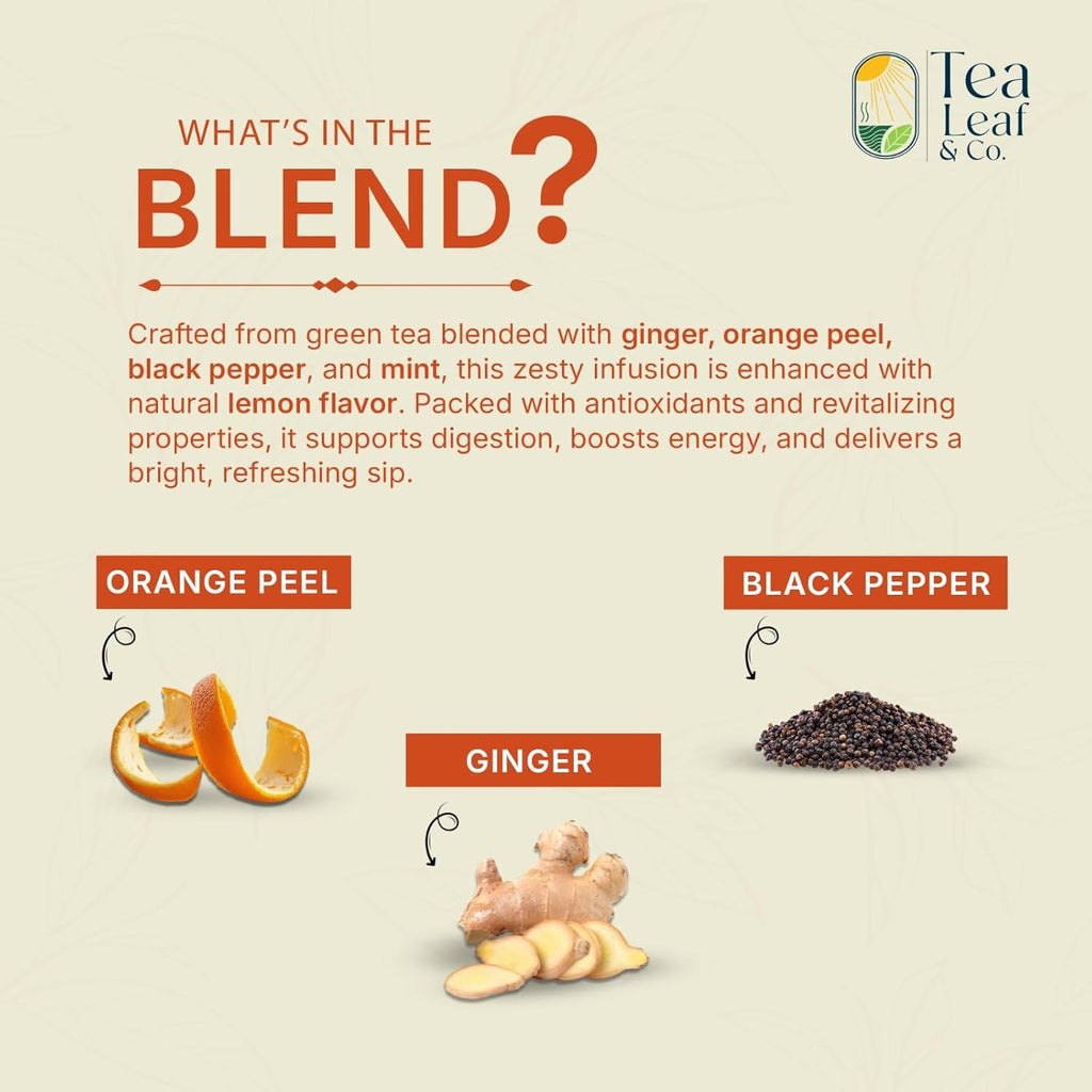 Tealeaf & Co. Lemon Ginger Green Tea with Ginger, Lemon Flavor, Orange Peel, Mint & Black Pepper - Organic Green Tea Bags with Fresh Herbs and Spices - Vegan - 100 Teabags (7.055oz/200gm)