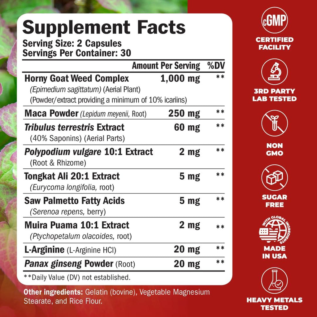 Tongkat Ali & Hornygoatweed for Men with Maca Root Powder, Saw Palmetto for Men and Tribulus Terrestris - Healthy Testosterone Support and Balanced Energy Supplements - 60 Premium Tongat-Ali Capsules