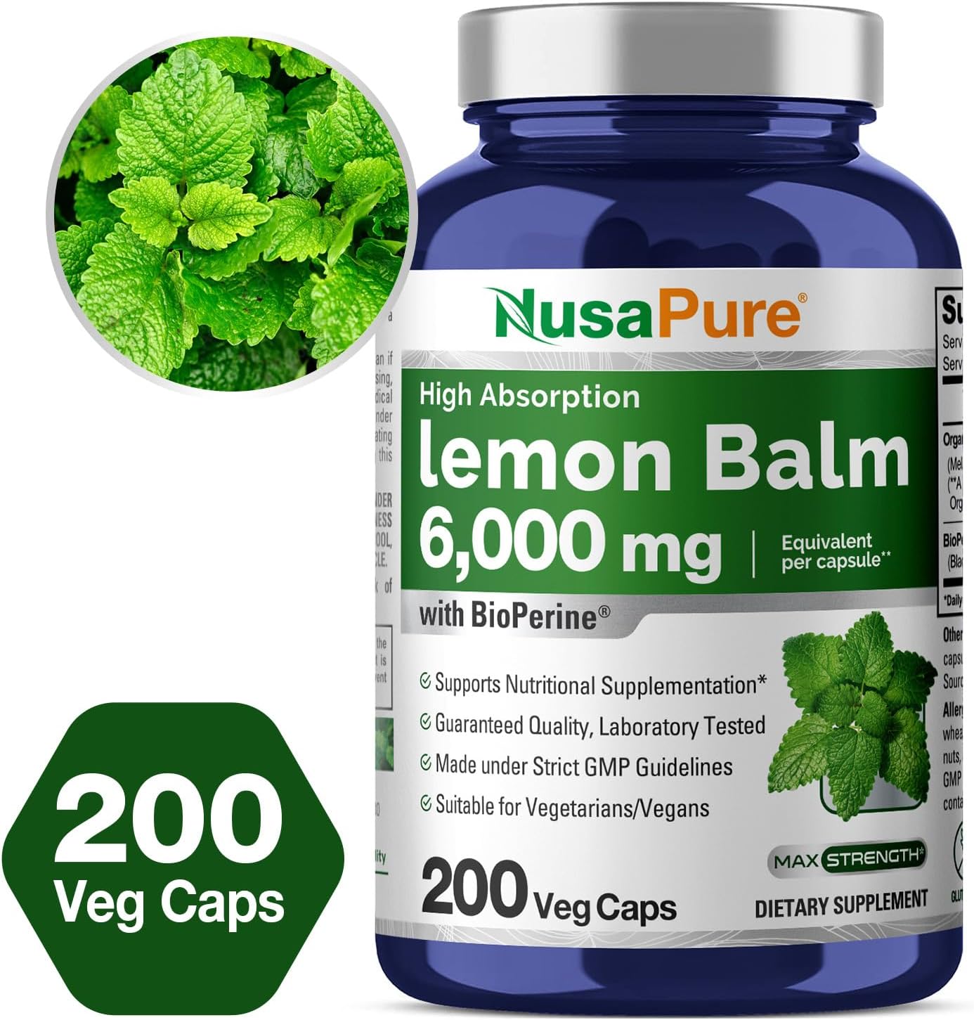 NusaPure Lemon Balm 30:1 Extract, 200 mg Equivalent to 6000mg Per Vegan Caps - 200 Count Non-GMO, Vegan Bioperine