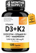 Sandhu's Vitamin D3 K2 Magnesium 5000 IU, 120mcg K2 Capsules 120 Count (Pack of 1) | with VIT B6, Zinc & Quercetin | D3K2 Supports Superior Absorption, Energy, Immune, Muscle Health for Men & Women