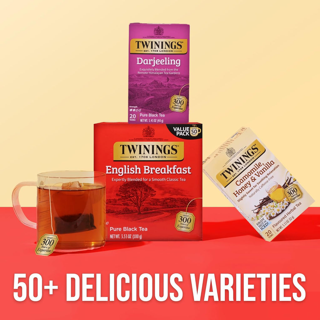Twinings Darjeeling Black Tea Individually Wrapped Bags, 20 Count (Pack of 1), Delicate Light Taste, Caffeinated, Enjoy Hot or Iced, 20 Teabags