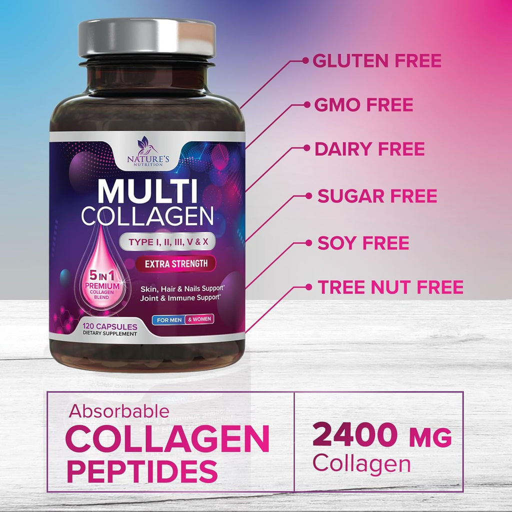Multi Collagen Supplement 2400 mg - Types I, II, III, V & X Multi Collagen Peptides Pills for Women & Men, Hydrolyzed Collagen Supplements, Hair, Skin, Nail, & Joint Support Supplement - 120 Capsules