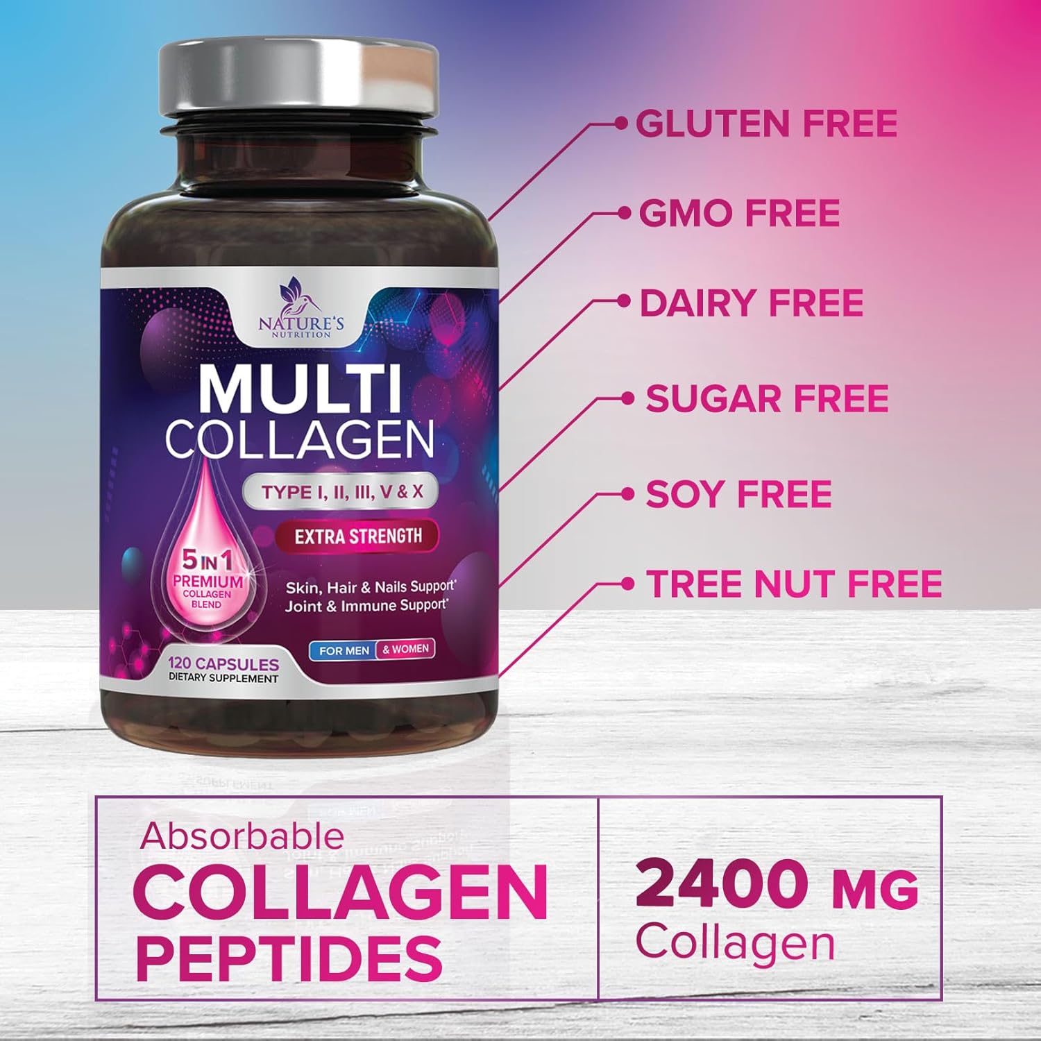 Multi Collagen Supplement 2400 mg - Types I, II, III, V & X Multi Collagen Peptides Pills for Women & Men, Hydrolyzed Collagen Supplements, Hair, Skin, Nail, & Joint Support Supplement - 120 Capsules