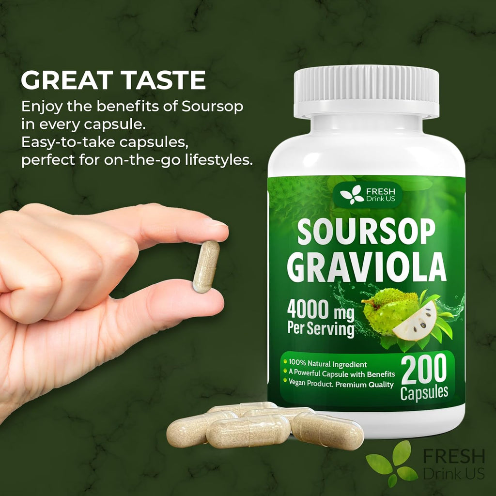 FRESHDRINKUS, Premium 200 Soursop Capsules, 4000mg per Serving, 100 Days Supply – 100% from Natural Soursop Graviola Fruits and Leaves Extract, Vegan Capsules, Non-GMO, Gluten-Free.