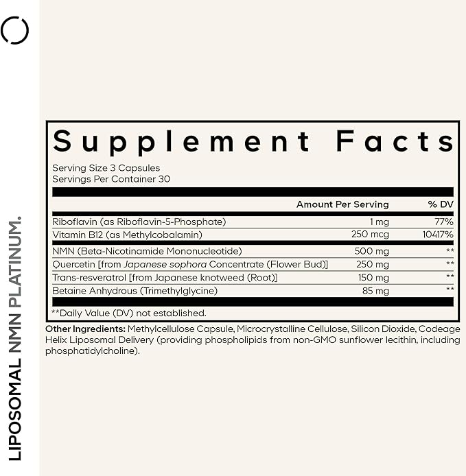 Codeage Liposomal NMN Platinum - 500 mg NMN Supplement, Nicotinamide Mononucleotide, NAD Precursor - Quercetin, Resveratrol, Betaine TMG, Vitamin B2 Riboflavin & Vitamin B12 - Non-GMO - 90 Capsules