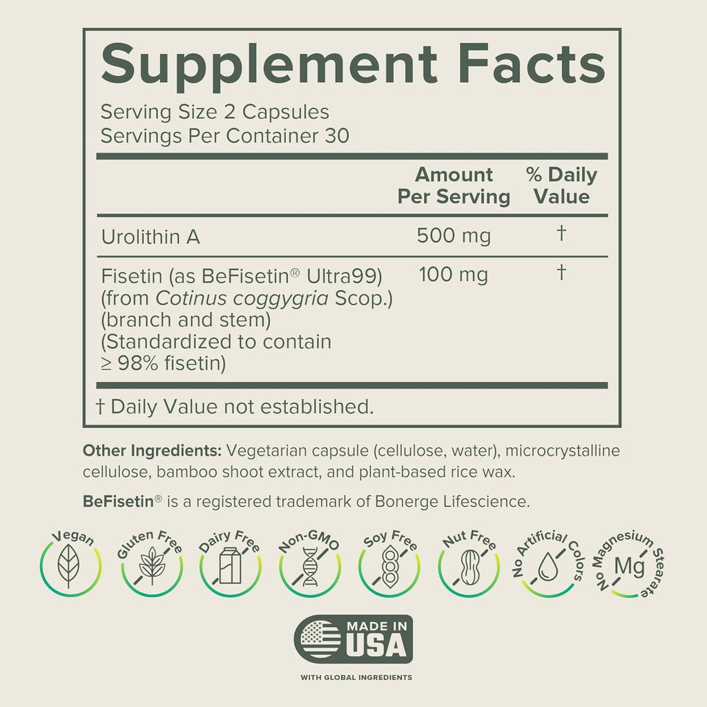 Prominent Nutrition Urolithin A + Fisetin, 30-Day Supply – Supports Vitality, Oxidative Stress, Muscle Recovery & Cellular Health – Vegan, Non-GMO, Gluten Free, 600mg Serving, 60 Capsules