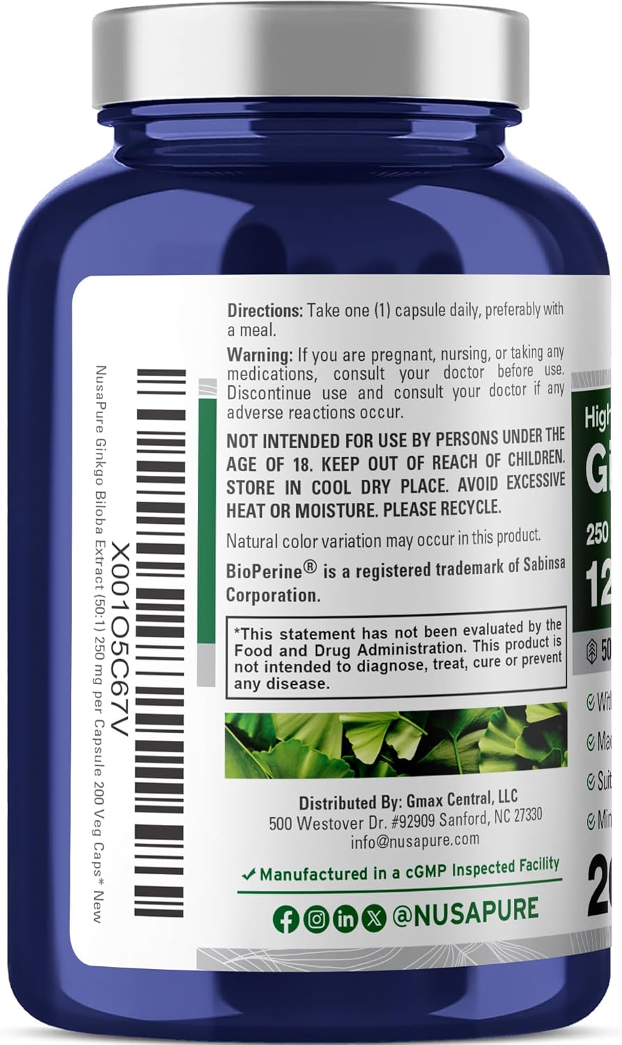 NusaPure Ginkgo Biloba 50:1 Extract, 250 mg Equivalent to 12,500 mg per Veggie Caps 200 Capsules (Vegetarian, Non-GMO, Vegan) Bioperine