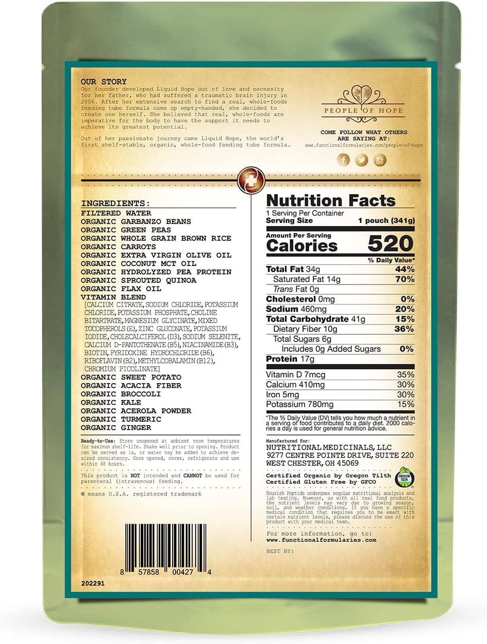 Functional Formularies Nourish Peptide Organic Tube Feeding Formula and Nutritional Meal Replacement Supplement, 12 Oz Pouch, Pack of 24