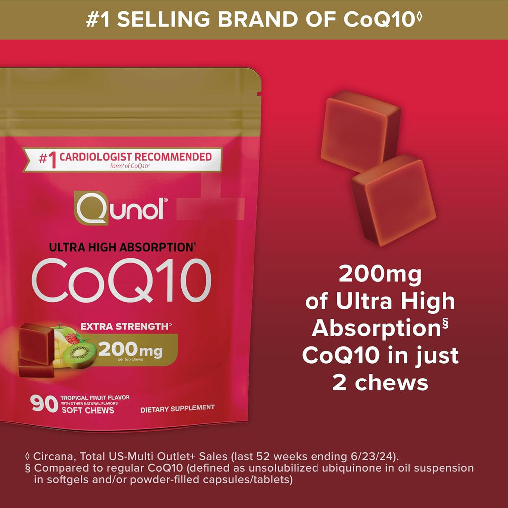 Qunol CoQ10 200mg Soft Chews, Extra Strength & Ultra High Absorption Coenzyme Q10 Supplement, #1 Cardiologist Recommended Supplement for Heart Health, 90 Count