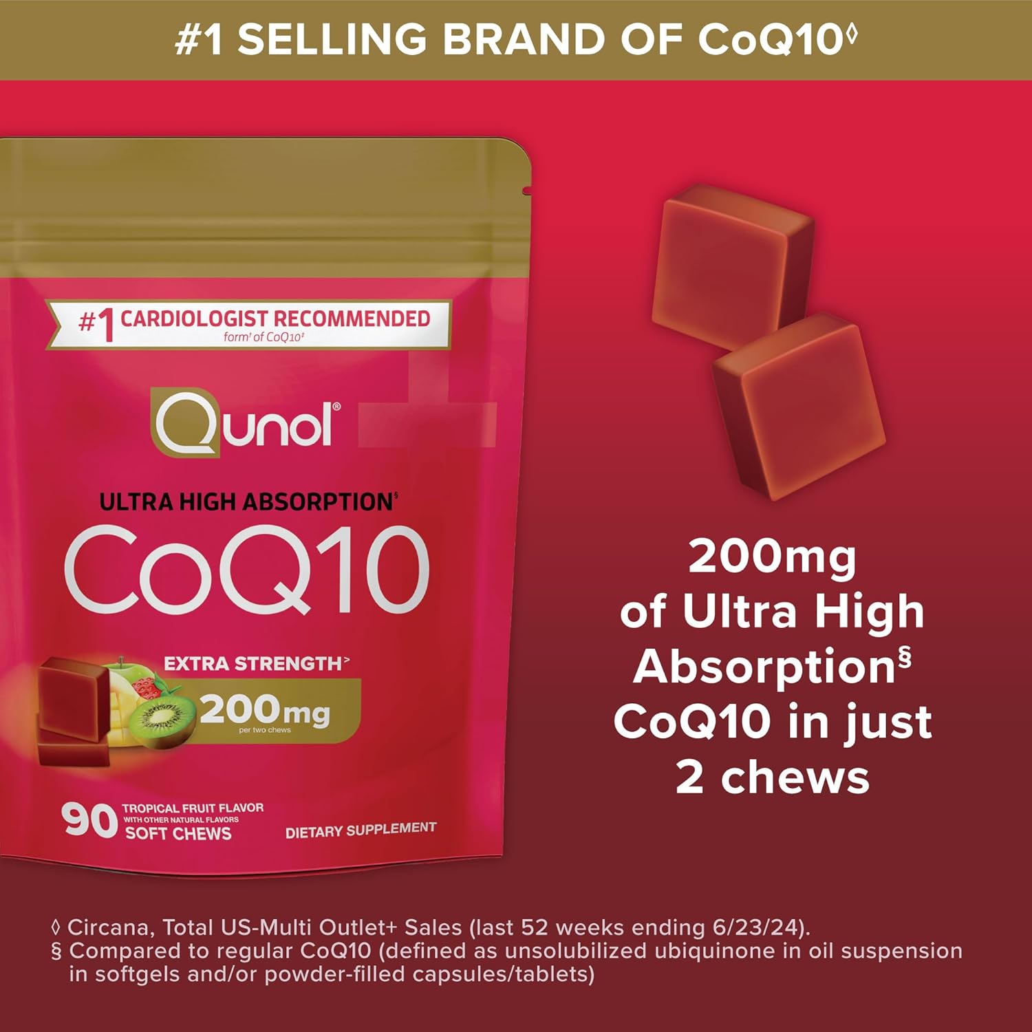 Qunol CoQ10 200mg Soft Chews, Extra Strength & Ultra High Absorption Coenzyme Q10 Supplement, #1 Cardiologist Recommended Supplement for Heart Health, 90 Count