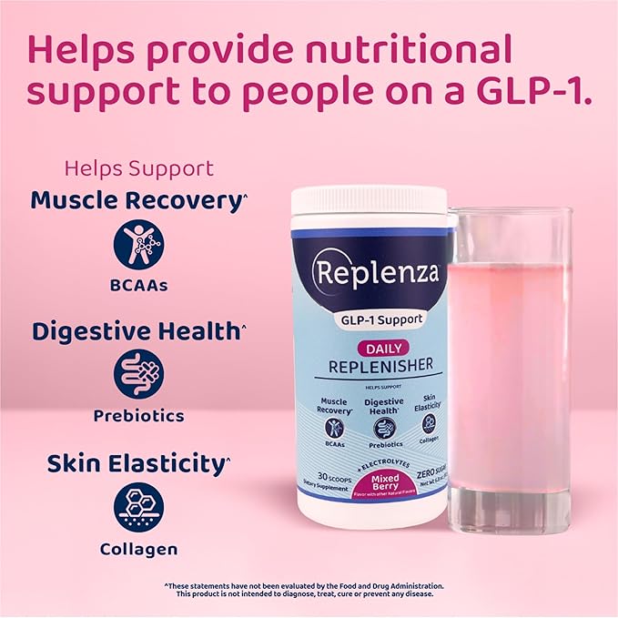 Replenza Daily Replenisher Nutritional Support Powder – Muscle Recovery, Digestive Health & Skin Elasticity Mix of Amino Acids, Prebiotics and Collagen Peptides – Mixed Berry Flavored, 30 Scoops