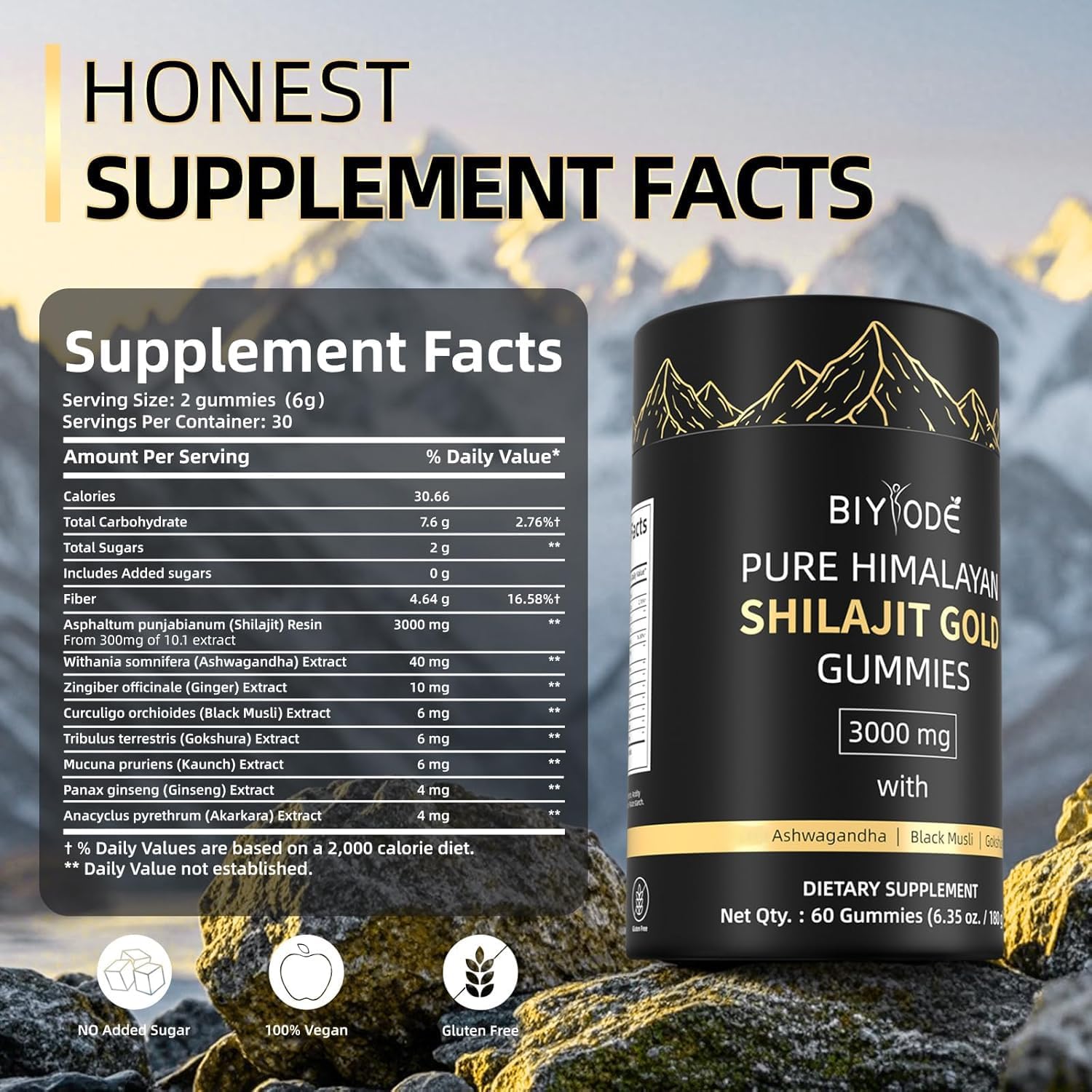 Pure Himalayan Shilajit Gummies: Rich in Ashwagandha, Gaulshura, Fulvic Acid, 85 Micronutrients. Suitable for Men. No Added Sugar. Non-GMO. 100% Natural Organic. 60 Gummies.