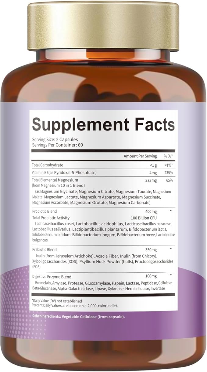 10-in-1 Magnesium Complex Supplement with Probiotics Prebiotics & Digestive Enzymes, 100 Billion CFU Probiotics for Women, Daily Probiotic for Immune, Sleep Calm, Gut & Digestive Health, Vegan Non-GMO