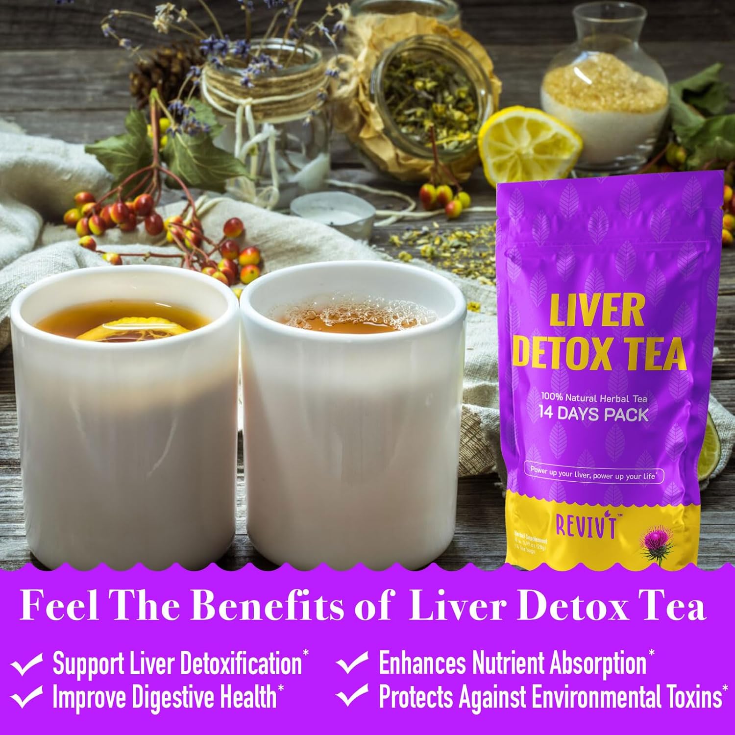REVIVT Liver Detox Tea - Natural Liver Cleanse & Digestive Support, Herbal Blends with Milk Thistle, Artichoke, Liquorice, Caffeine Free, 14 Day Supply