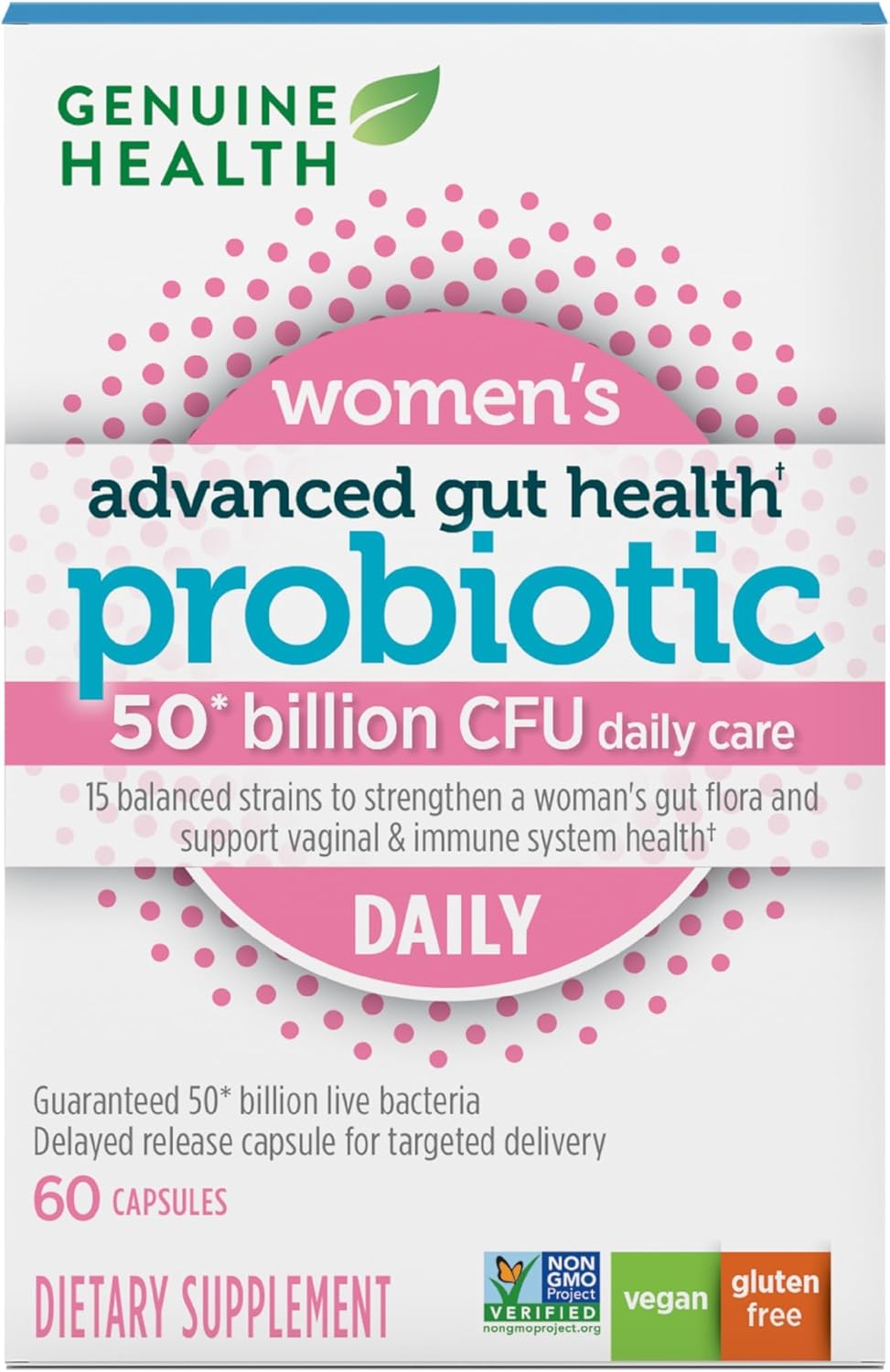 Genuine Health Women's Daily Probiotic, Helps Promote Healthy Digestion, Gut Health & Vaginal & Skin Health, Multi-Strain Formula (60 Count)