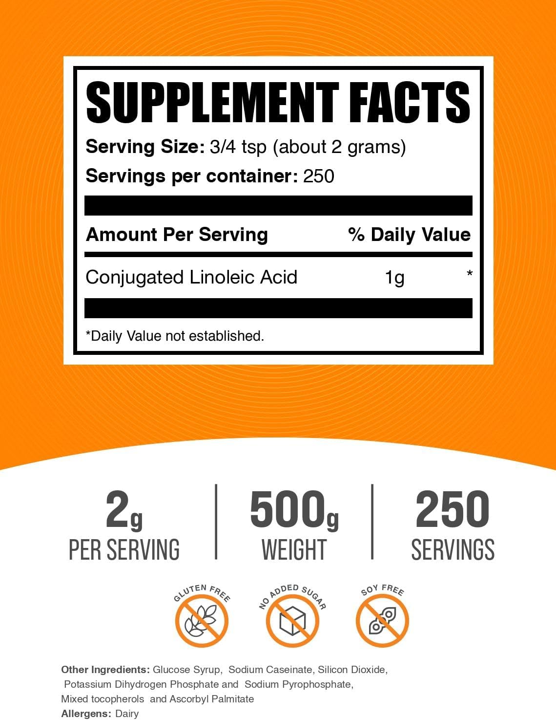 BulkSupplements.com Conjugated Linoleic Acid Powder - CLA Supplement, Nutritional Supplement - Gluten Free, 2g Per Serving, 500g (1.1 lbs) (Pack of 1)