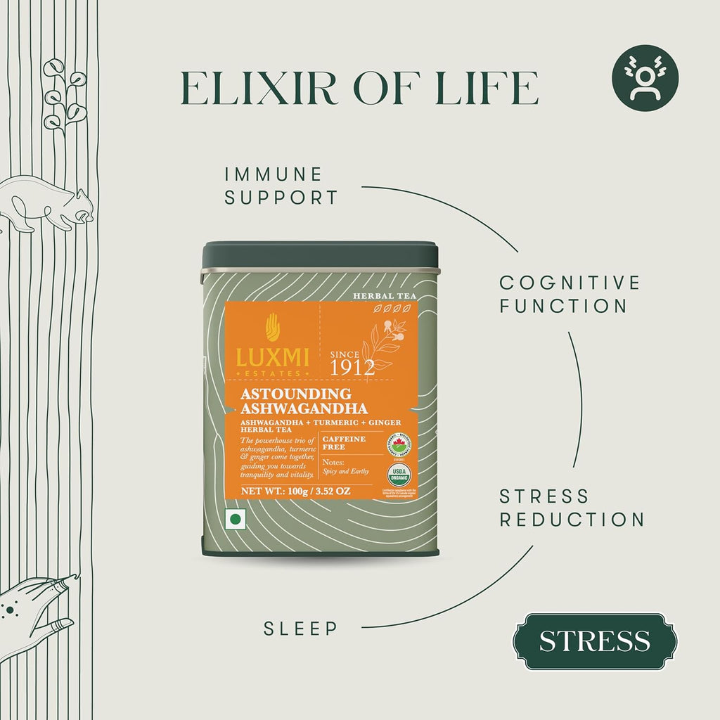Luxmi Estates - Astounding Ashwagandha - Organic Ashwagandha Tea - Loose Leaf - 100g (50 Cups) | With Ashwagandha, Turmeric, Ginger, Lemongrass & More | Perfect Stress Relief Tea