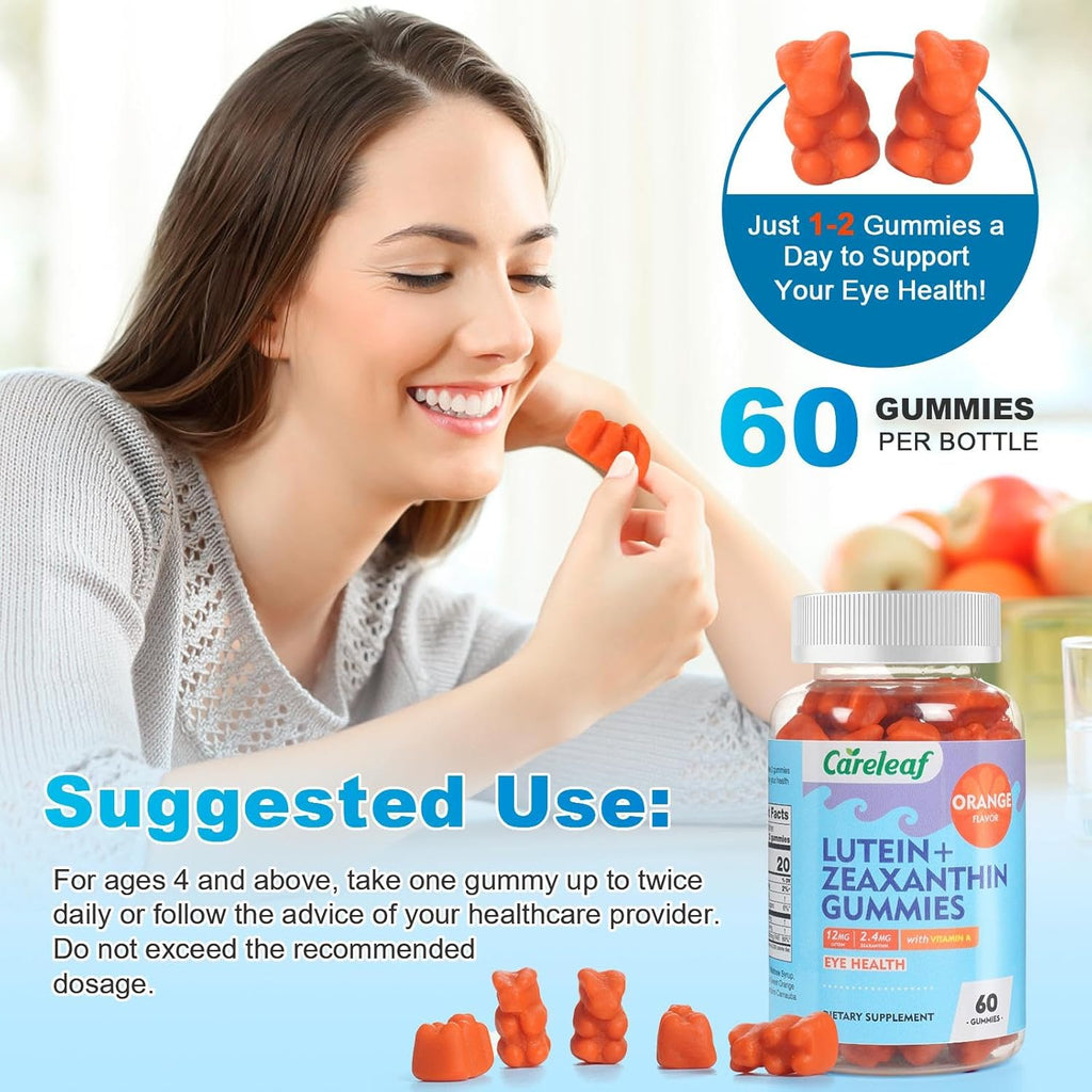 Vegan Lutein Gummies 12mg with Zeaxanthin and Vitamin A for Kids and Adults for Eye Health and Brain Function Supplement Orange Flavor