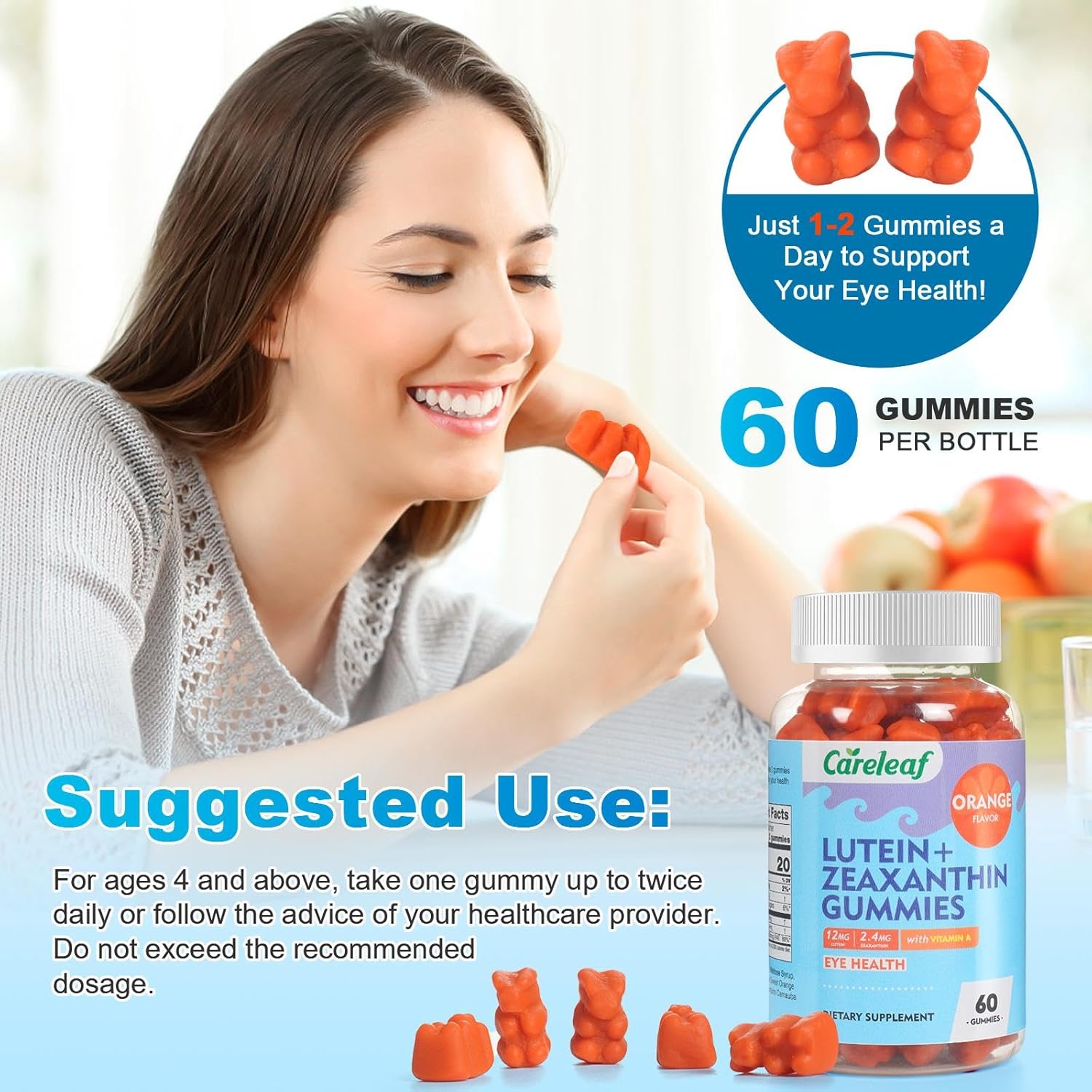 Vegan Lutein Gummies 12mg with Zeaxanthin and Vitamin A for Kids and Adults for Eye Health and Brain Function Supplement Orange Flavor