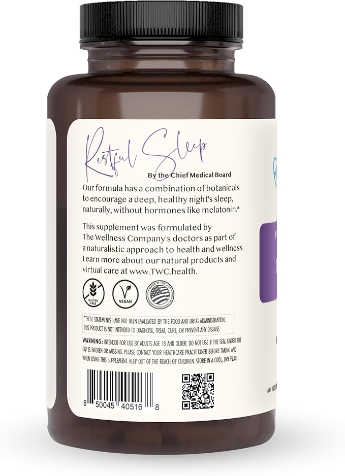 The Wellness Company Restful Sleep - Melatonin-Free, Deep Sleep, REM Support, Non-Habit Forming - Kava, Rafuma Leaf, Ashwagandha & Valerian Root | 60ct (1 Month Supply)