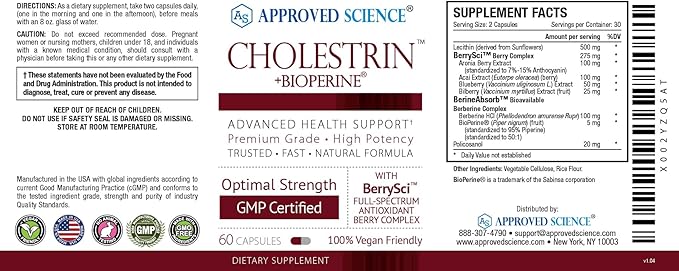 Approved Science Cholestrin - Lipid Level Support - Antioxidants, Lecithin, Berberine HCL, Berries, BioPerine - 60 Capsules - Pack of 6