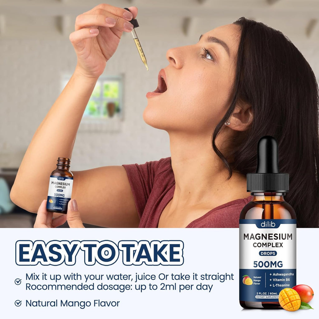 Magnesium Glycinate Liquid Drops 500mg - Triple Magnesium Complex Supplement with Citrate, Malate, Ashwagandha, L-Theanine, Vitamin B6 for Sleep, Mood, Stress Relief, Muscle, Mango Flavor 2 Fl Oz