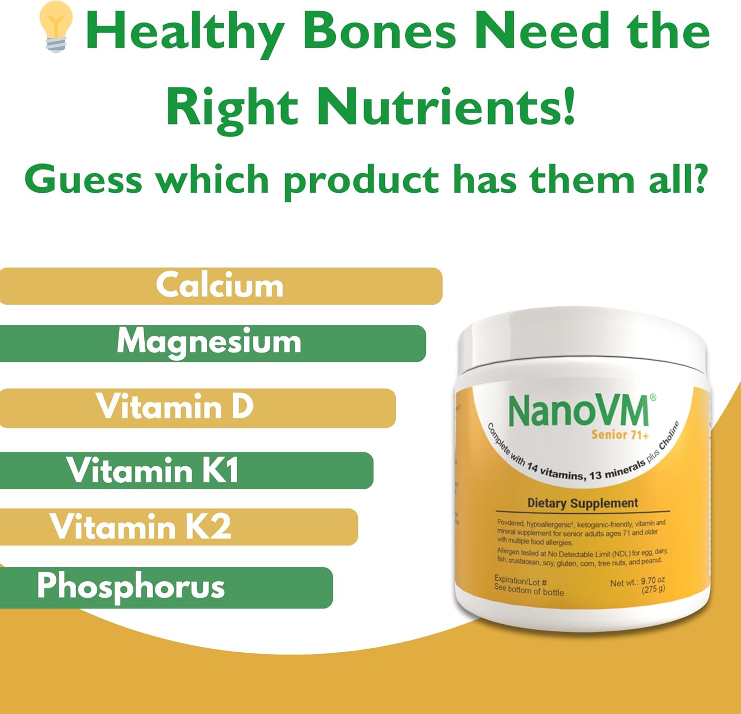 Senior 71+, Allergen-Free Vitamin Supplements, Unflavored Multivitamin Powder with 14 Vitamins & 13 Minerals, Low-Carbohydrate Mineral Supplements, 275g - Solace Nutrition