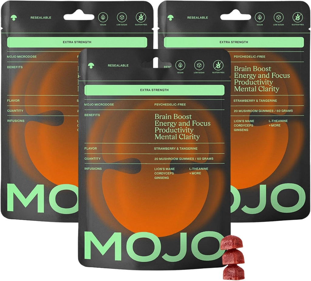 Mojo Focus Gummies with Lion’s Mane, Panax Ginseng, Ginger Root, Cordyceps, SAM-e, and Nootropics, Energy and Focus Supplement, Vegan, Strawberry Tangerine (20 Count - Pack of 3)