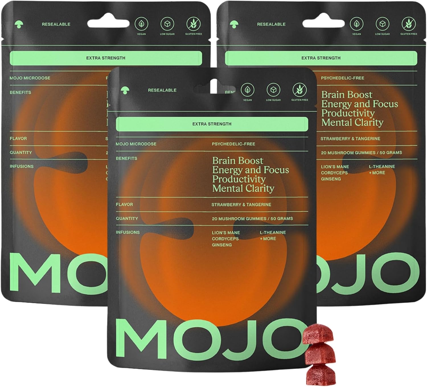 Mojo Focus Gummies with Lion’s Mane, Panax Ginseng, Ginger Root, Cordyceps, SAM-e, and Nootropics, Energy and Focus Supplement, Vegan, Strawberry Tangerine (20 Count - Pack of 3)