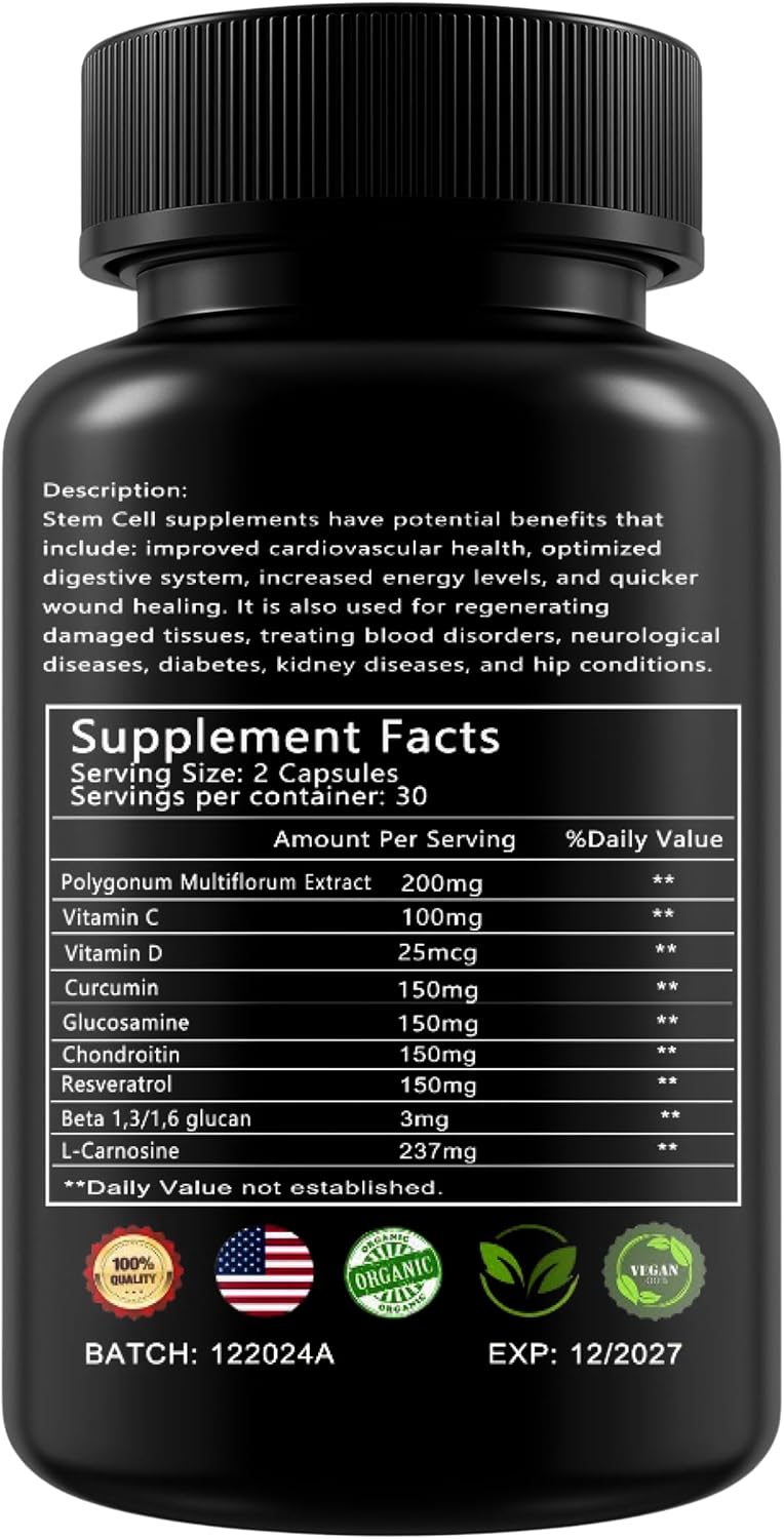 Stem Cell Supplements. Renewal Blend - Promotes Healthy Aging Through Cellular Renewal. Resveratrol, L-Carnosine, Polygonum Multiflorum Extract, Beta 1.3/1.6 Glucan. Non-GMO, Gluten Free.