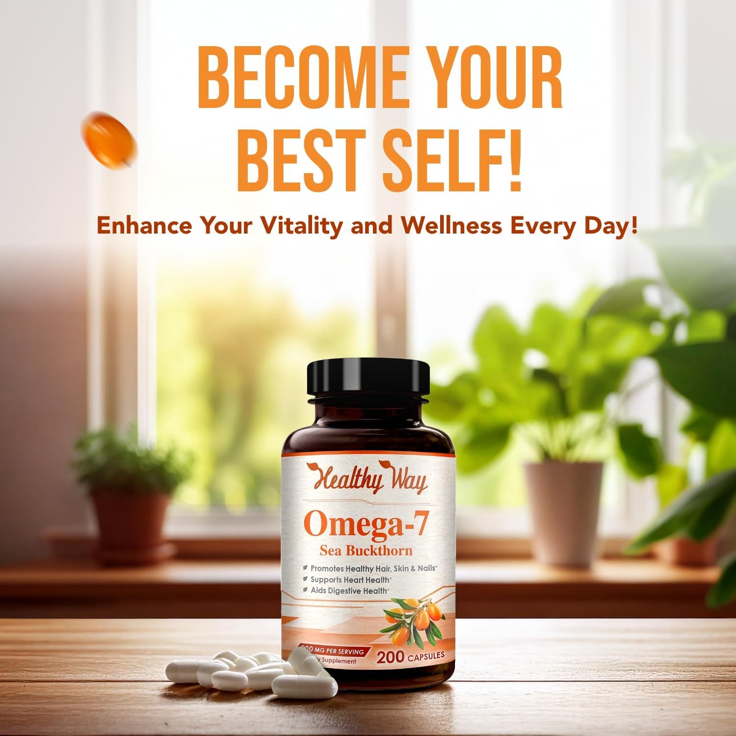 Pure Omega 7 Fatty Acids 200 Capsules 900mg Natural Sea Buckthorn Oil, NON-GMO USA Made