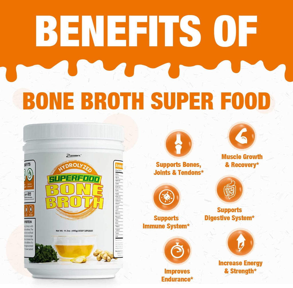 Zammex Bone Broth Plus Superfood Protein Powder (Turmeric Flavor), 8g Hydrolyzed Protein with Vitamin D, for Healthy Skin, Nails, Hair, Joints & Digestion,Non-GMO (30 Servings)