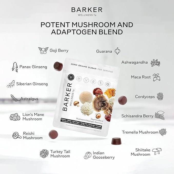 Barker Wellness Adaptogen Mushroom Gummies with Lion's Mane, Cordyceps, Reishi & Shiitake | Vegan Sugar-Free Immune System Support, Natural Energy, Enhanced Focus & Mood for Adults | 60 Count